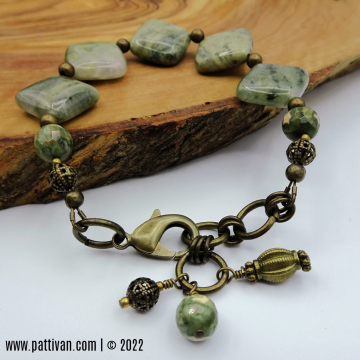 Jade and Brass Gemstone Bracelet and Earrings