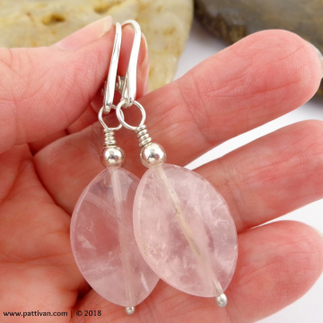Marquise Shaped Rose Quartz and Sterling Silver Earrings