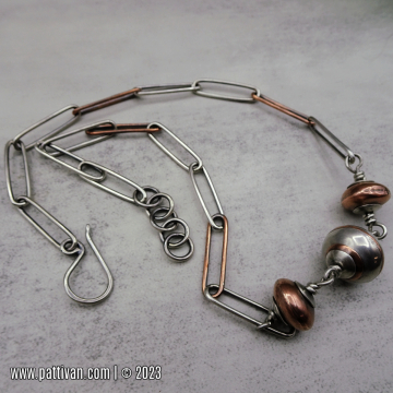 Mixed Metal Hollow Beads and Paper Clip Chain Necklace