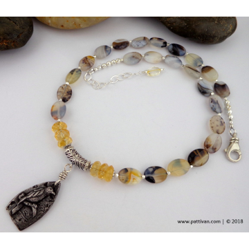 Montana Moss Agate and Citrine Necklace with Artisan Pewter Charm