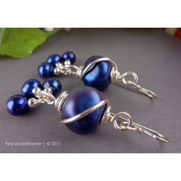 Artisan Lampwork Navy Blue FW Pearls and Sterling Silver Earrings