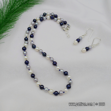 Hand Knotted Blue Gray and White Freshwater Pearl Necklace and Earrings