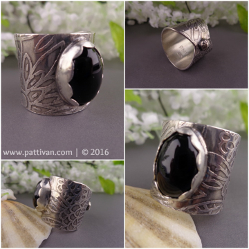 Onyx and Etched Sterling Silver Wide Band Ring