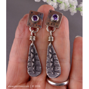 Amethyst Post Earrings with Artisan Pewter Charms