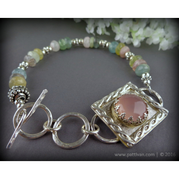 Pink Chalcedony and Aquamarine Sterling Bracelet