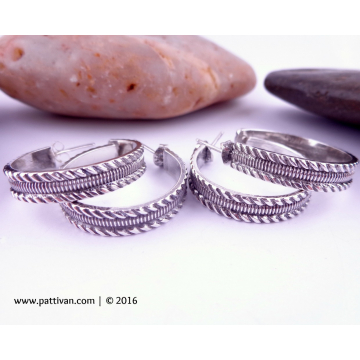 Pattern Sterling Silver Post-Style Hoops