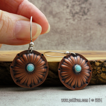 Puffed Copper Flower Earrings with Amazonite