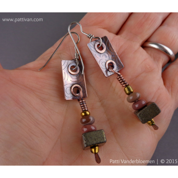 Pyrite, Jasper, and Textured Copper Tab Earrings