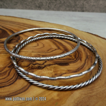 Set of 3 Textured Sterling Silver Bangles - (Medium Size Bangles)