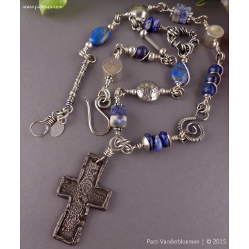 Sterling Necklace with Lapis and Soderlite and Artisan Pewter Cross