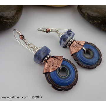 Sodalite Gems and Artisan Glass Mixed Metal Earrings