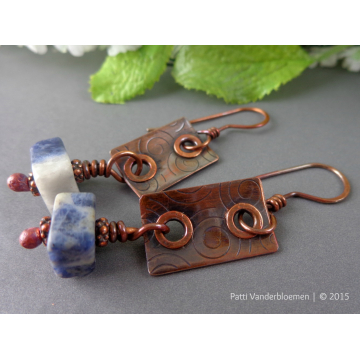 Sodalite Gemstones and Textured Copper Tab Earrings