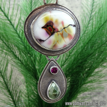 Art Glass, Peridot, and Rhodolite Garnet Sterling Silver Pendant