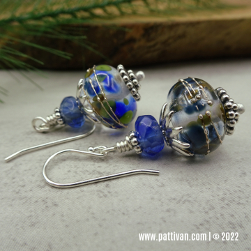 Sterling Earrings with Artisan Glass and Blueberry Quartz