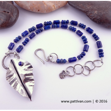 Sterling Silver Fold Form leaf with Lapis Lazuli Necklace