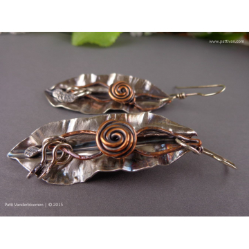 SS Leaves and Copper Rose Earrings