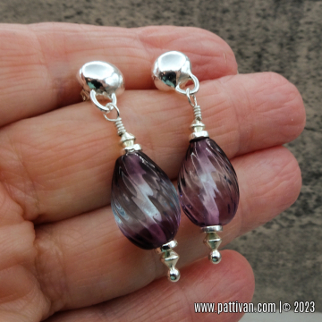Sterling Silver Posts with Textured Artisan Glass Purple Beads