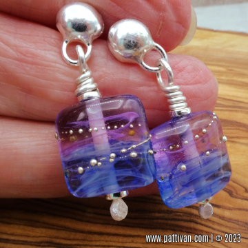 Sterling Silver Posts with Square Artisan Glass Purple Beads