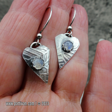 Hand Forged Sterling Silver Hearts with Rainbow Moonstone
