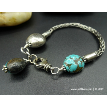 Turquoise and Sterling Silver Viking Knit Bracelet