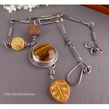 Tiger Eye Cabochon with Artisan Ceramics and Sterling Silver Chain