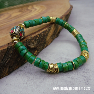 Turquoise, Tibetan Bead, and Gold Stretch Bracelet