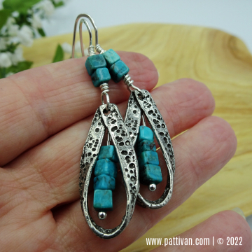 Turquoise, Sterling Silver, and Pewter Tear Drop Earrings