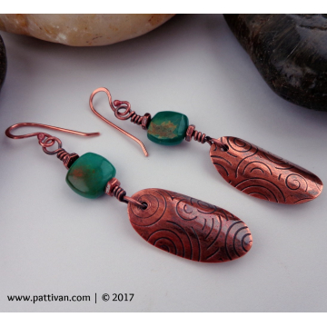 Turquoise and Textured Copper Earrings