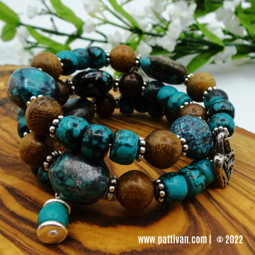 Turquoise and Wood Memory Wire Bracelet