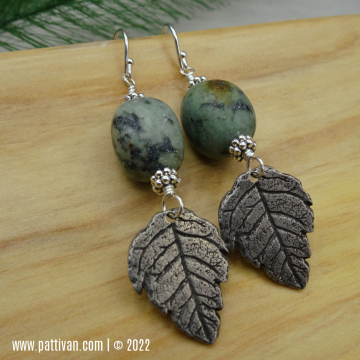 Sterling Silver Earrings with Turquoise and Artisan Pewter Leaves