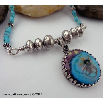 Turquoise Necklace with Artisan Glass Cab and Hollow SS Beads