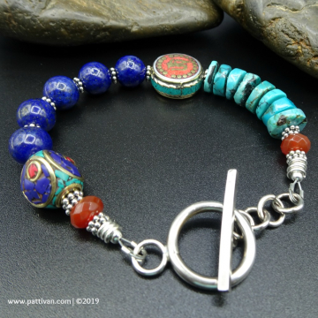 Turquoise Lapis Carnelian and Tibetan Bead Sterling Bracelet