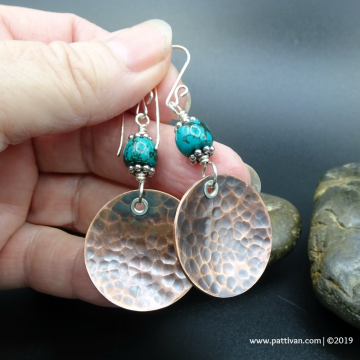 Turquoise and Hammered Copper Disc Mixed Metal EArrings