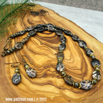 Turritella Agate and Pyrite Necklace and Earrings