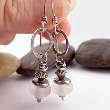 Winter White Artisan Glass and Sterling Silver Earrings